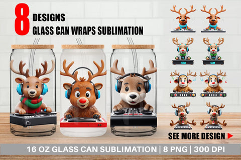 Glass Can Wrap 3D Reindeer DJ Sublimation artnoy 
