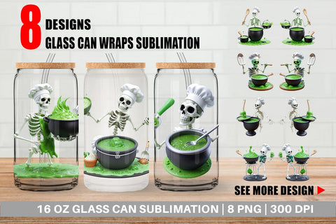 Glass Can Wrap 3D Skeleton Chef Sublimation artnoy 