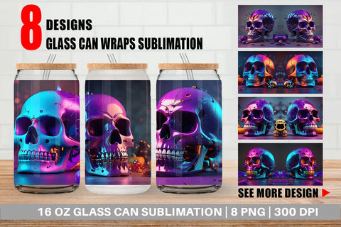 Glass Can Wrap 3D Skull spooky Sublimation artnoy 