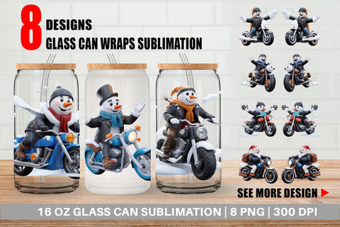 Glass Can Wrap 3D Snowman Biker Sublimation artnoy 