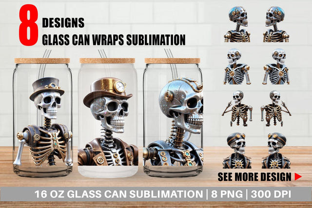 Glass Can Wrap 3D Steampunk Skeleton Sublimation artnoy 