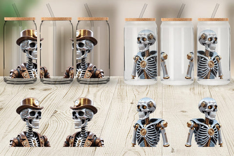 Glass Can Wrap 3D Steampunk Skeleton Sublimation artnoy 
