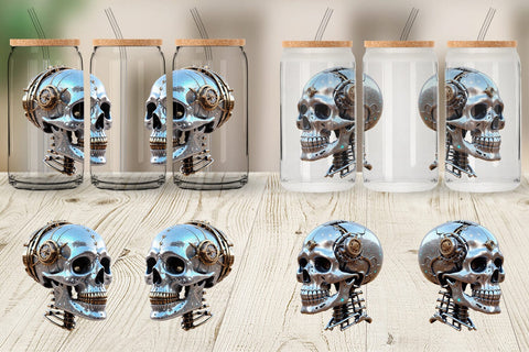 Glass Can Wrap 3D Steampunk Skull Sublimation artnoy 