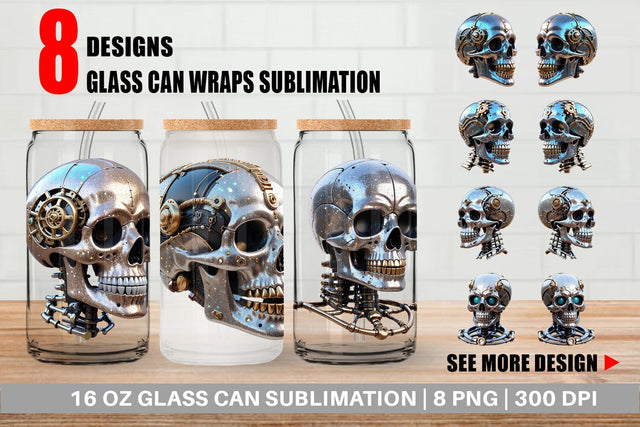 Glass Can Wrap 3D Steampunk Skull Sublimation artnoy 