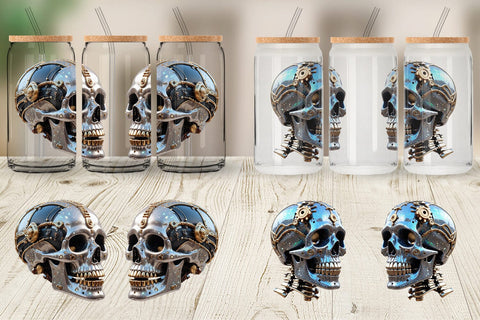 Glass Can Wrap 3D Steampunk Skull Sublimation artnoy 