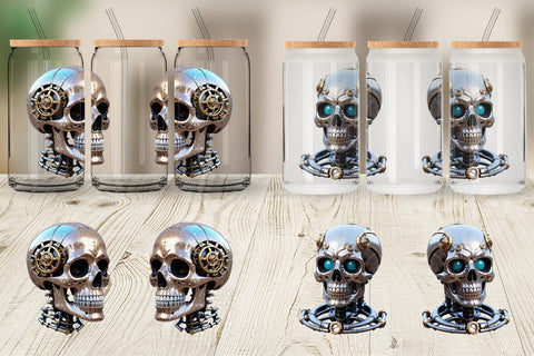 Glass Can Wrap 3D Steampunk Skull Sublimation artnoy 