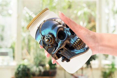 Glass Can Wrap 3D Steampunk Skull Sublimation artnoy 
