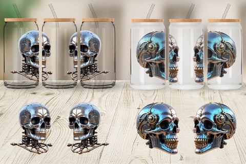 Glass Can Wrap 3D Steampunk Skull Sublimation artnoy 