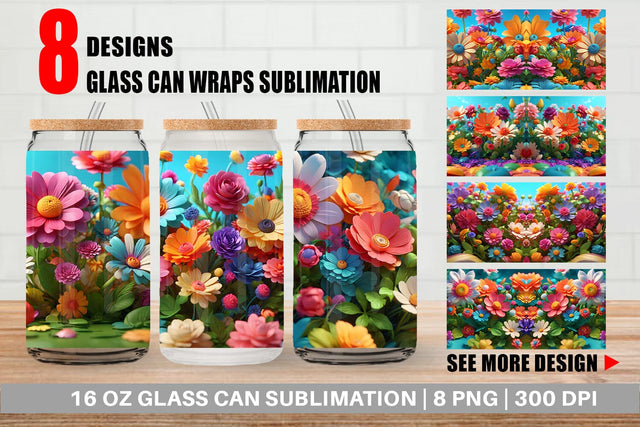Glass Can Wrap 3D Summer Flowers Sublimation artnoy 