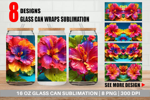 Glass Can Wrap 3D Tropical Hibiscus Sublimation artnoy 