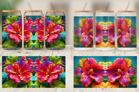 Glass Can Wrap 3D Tropical Hibiscus Sublimation artnoy 