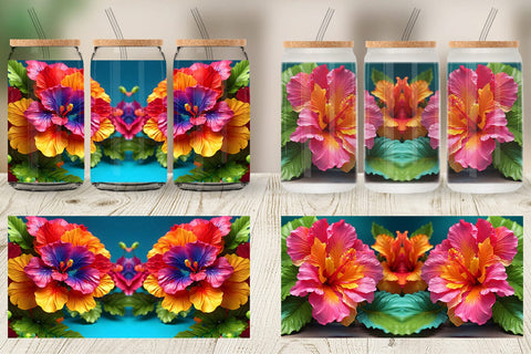Glass Can Wrap 3D Tropical Hibiscus Sublimation artnoy 