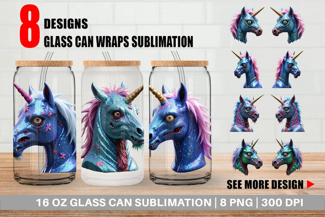 Glass Can Wrap 3D Zombie Unicorn Sublimation artnoy 