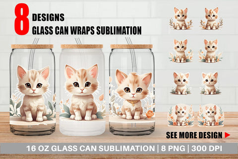 Glass Can Wrap Adorable Cute Cat Sublimation artnoy 