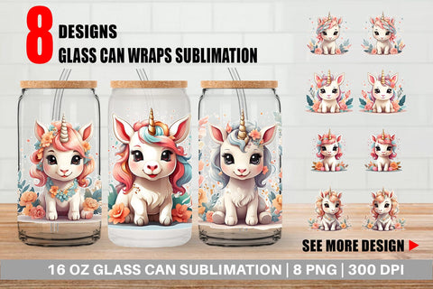 Glass Can Wrap Adorable Cute Unicorn Sublimation artnoy 
