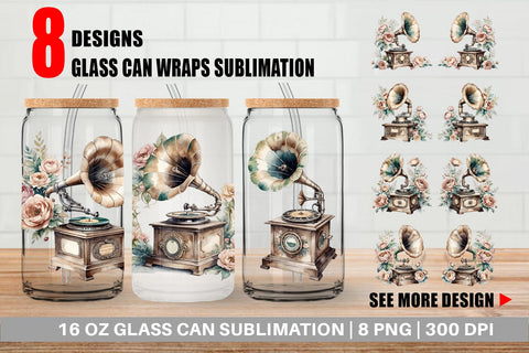 Glass Can Wrap Antique Gramophone Sublimation artnoy 