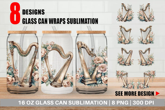 Glass Can Wrap Antique Harp Sublimation artnoy 