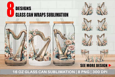 Glass Can Wrap Antique Harp Sublimation artnoy 