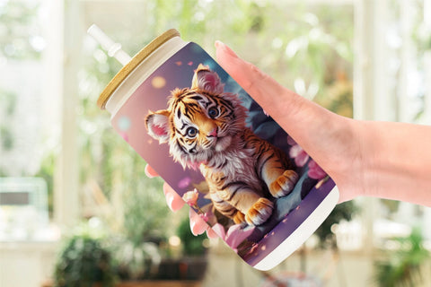 Glass Can Wrap Baby Tiger and Flower Sublimation artnoy 