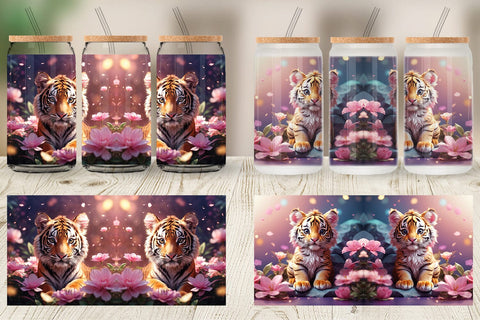 Glass Can Wrap Baby Tiger and Flower Sublimation artnoy 