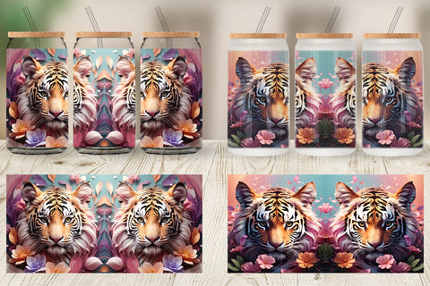 Glass Can Wrap Baby Tiger and Flower Sublimation artnoy 