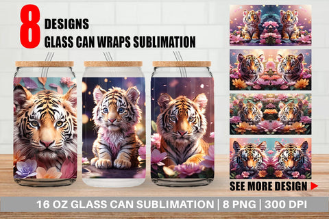Glass Can Wrap Baby Tiger and Flower Sublimation artnoy 