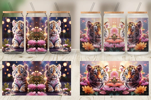 Glass Can Wrap Baby Tiger and Flower Sublimation artnoy 