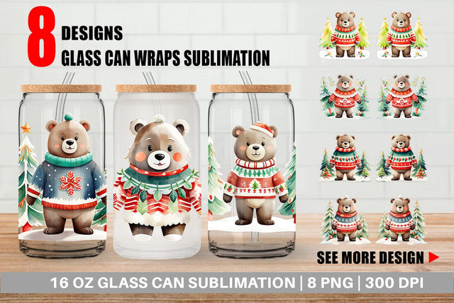 Glass Can Wrap Bear Christmas Sublimation artnoy 