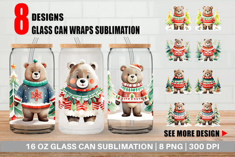 Glass Can Wrap Bear Christmas Sublimation artnoy 