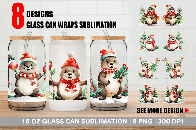 Glass Can Wrap Beaver Christmas Sublimation artnoy 
