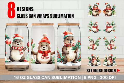 Glass Can Wrap Beaver Christmas Sublimation artnoy 