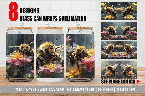 Glass Can Wrap Bee and Flower Sublimation artnoy 