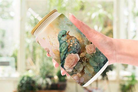 Glass Can Wrap Bird and Botanical Sublimation artnoy 