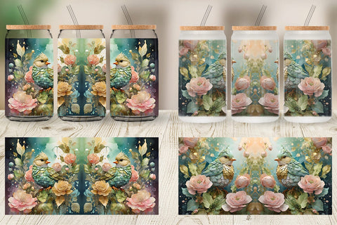Glass Can Wrap Bird and Botanical Sublimation artnoy 