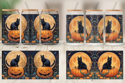 Glass Can Wrap Black Cat and Pumpkin Sublimation artnoy 