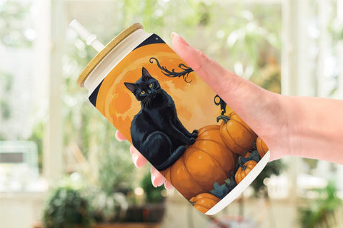 Glass Can Wrap Black Cat and Pumpkin Sublimation artnoy 