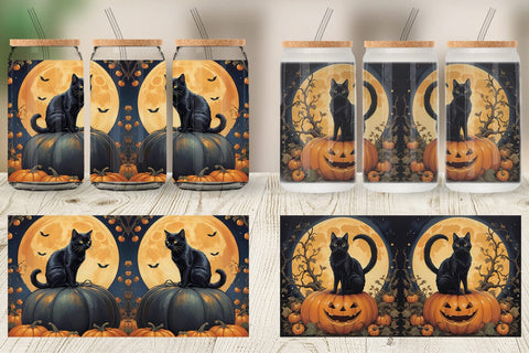 Glass Can Wrap Black Cat and Pumpkin Sublimation artnoy 
