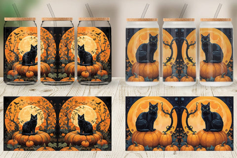 Glass Can Wrap Black Cat and Pumpkin Sublimation artnoy 