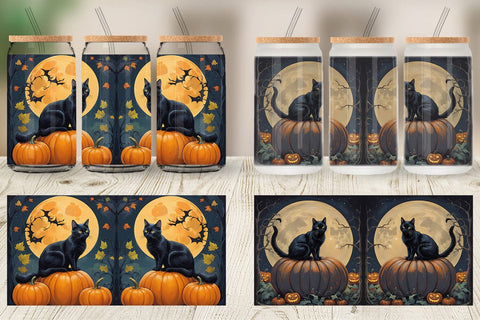 Glass Can Wrap Black Cat and Pumpkin Sublimation artnoy 