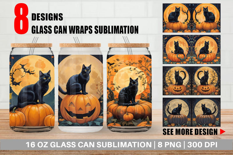Glass Can Wrap Black Cat and Pumpkin Sublimation artnoy 