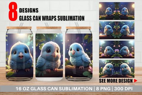 Glass Can Wrap Blue Bird Cute Sublimation artnoy 