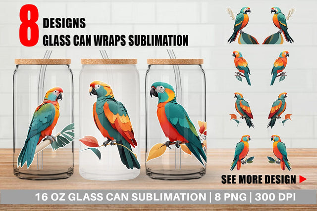 Glass Can Wrap Boho Bird Parrot Sublimation artnoy 