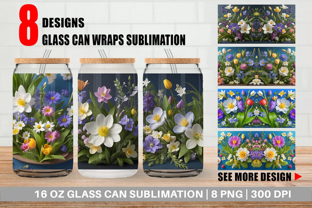Glass Can Wrap Botanical Spring Flowers Sublimation artnoy 