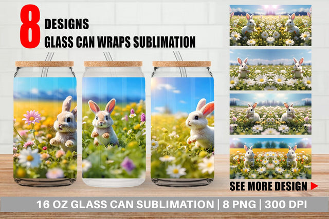 Glass Can Wrap Bunny and Daisies Sublimation artnoy 