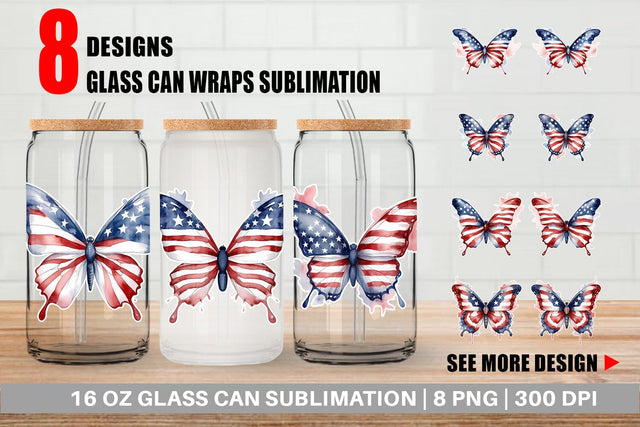 Glass Can Wrap Butterfly 4th of July Sublimation artnoy 