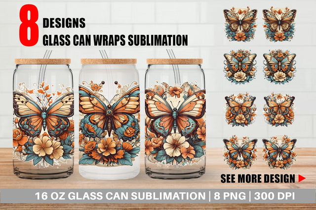 Glass Can Wrap Butterfly and Flower Sublimation artnoy 