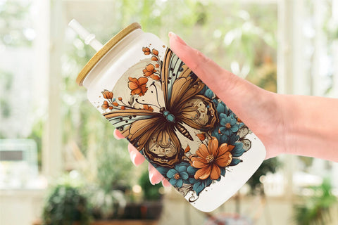 Glass Can Wrap Butterfly and Flower Sublimation artnoy 