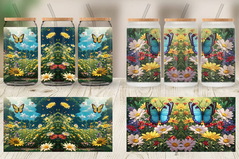 Glass Can Wrap Butterfly and Wildflowers Sublimation artnoy 