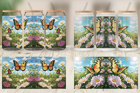 Glass Can Wrap Butterfly and Wildflowers Sublimation artnoy 