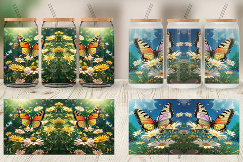 Glass Can Wrap Butterfly and Wildflowers Sublimation artnoy 